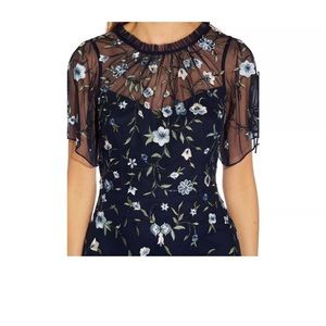 Adrianna Papell Long Beaded Boho Gown, Navy Blue With Embroidered Flowers